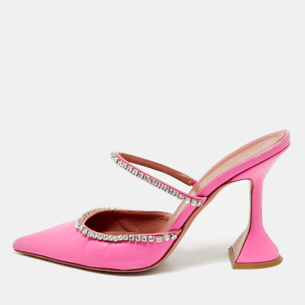 Amina Muaddi Pink Leather Crystal Embellished Gilda Mules Size 36