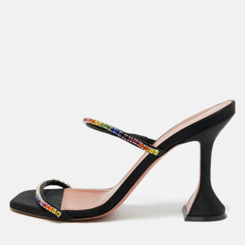 Amina Muaddi Black Crystal Embellished Satin Gilda Slide Sandals Size 38.5 Amina Muaddi Black Crystal Embellished Satin Gilda Slide Sandals Size 38.5