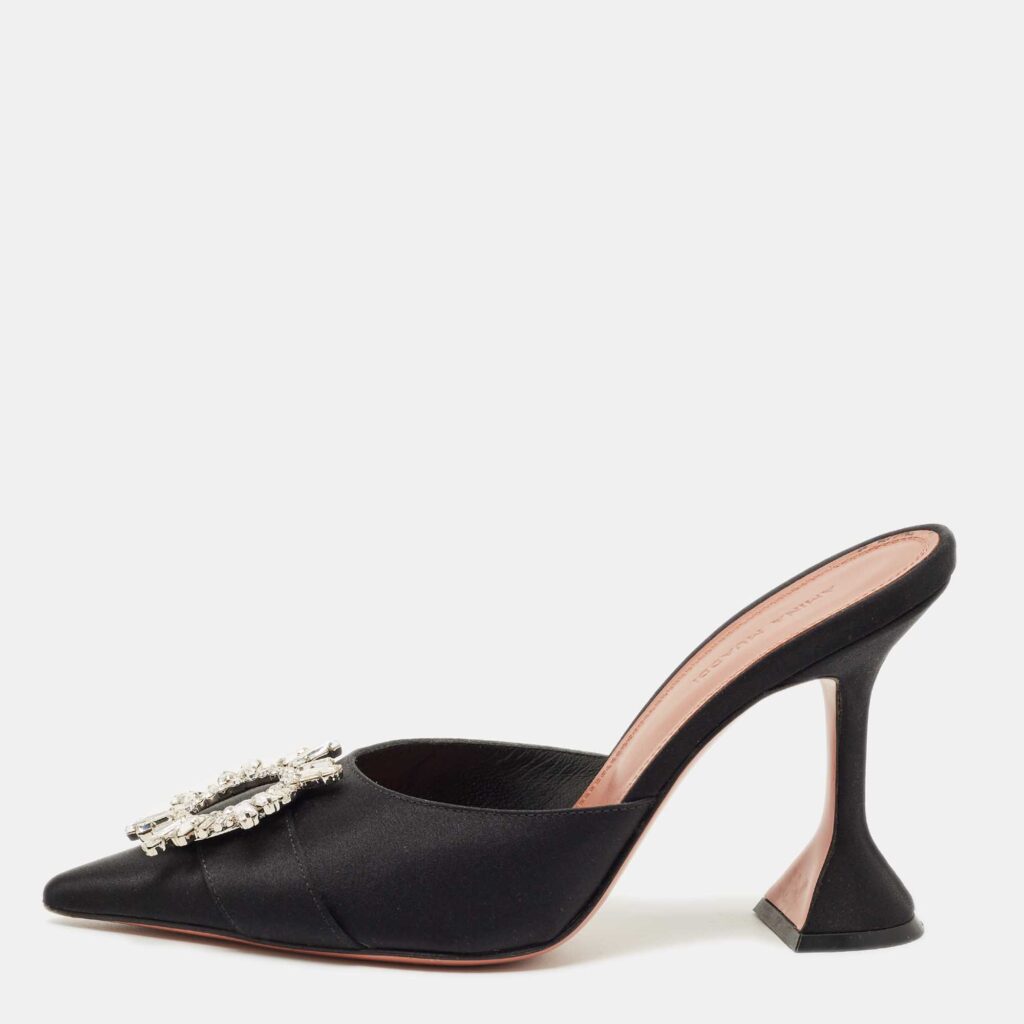Amina Muaddi Black Satin Begum Mules Size 38 Amina Muaddi Black Satin Begum Mules Size 38