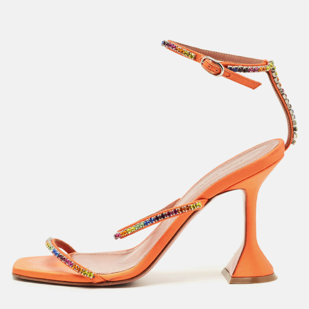 Amina Muaddi Orange Satin Rainbow Crystal Gilda Ankle Strap Sandals Size 38 Amina Muaddi Orange Satin Rainbow Crystal Gilda Ankle Strap Sandals Size 38