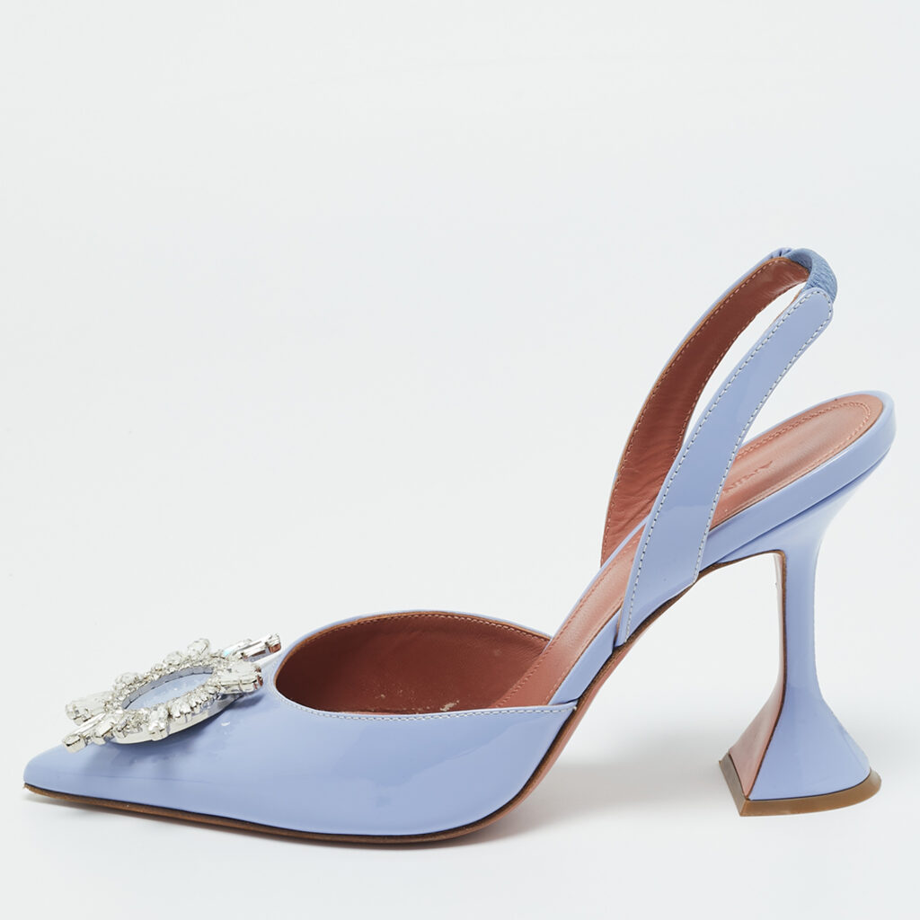 Amina Muaddi Blue Patent Leather Begum Slingback Pumps Size 37.5