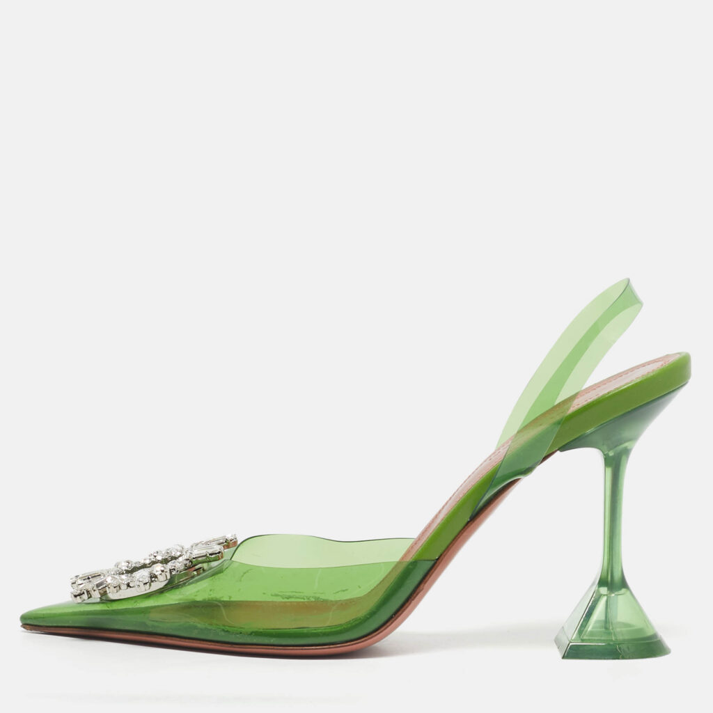 Amina Muaddi Green PVC Begum Crystal-Embellished Slingback Pumps Size 37.5