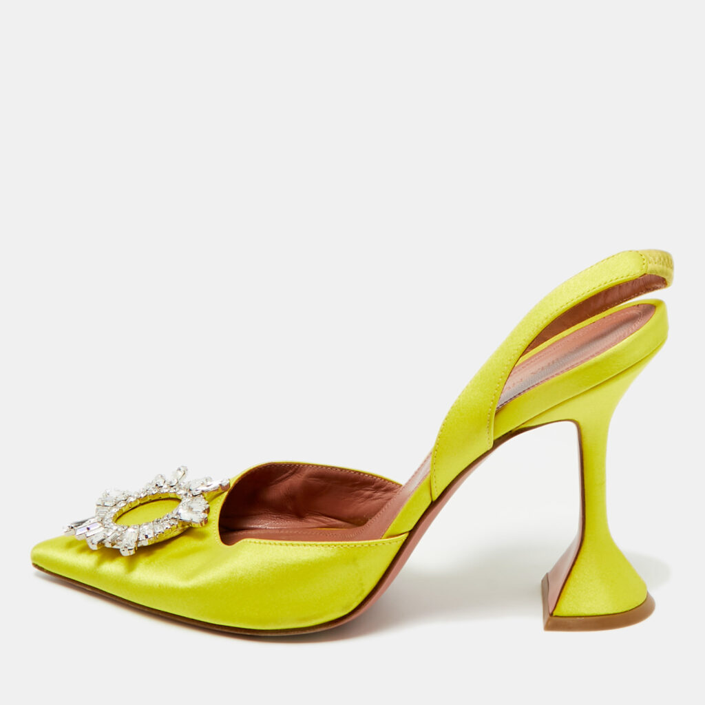 Amina Muaddi Yellow Satin Begum Slingback Pumps Size 40