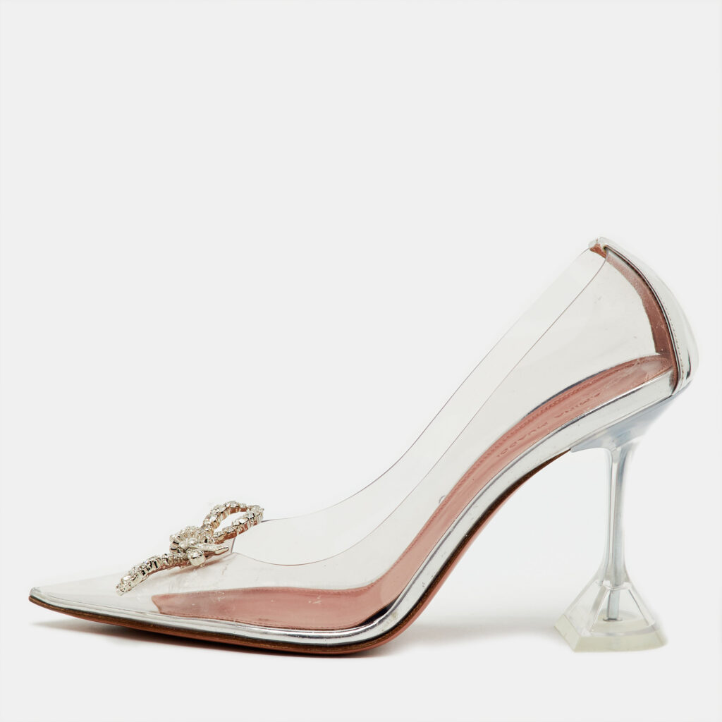 Amina Muaddi Transparent/Silver PVC and Leather Rosie Pointed Toe Pumps Size 39