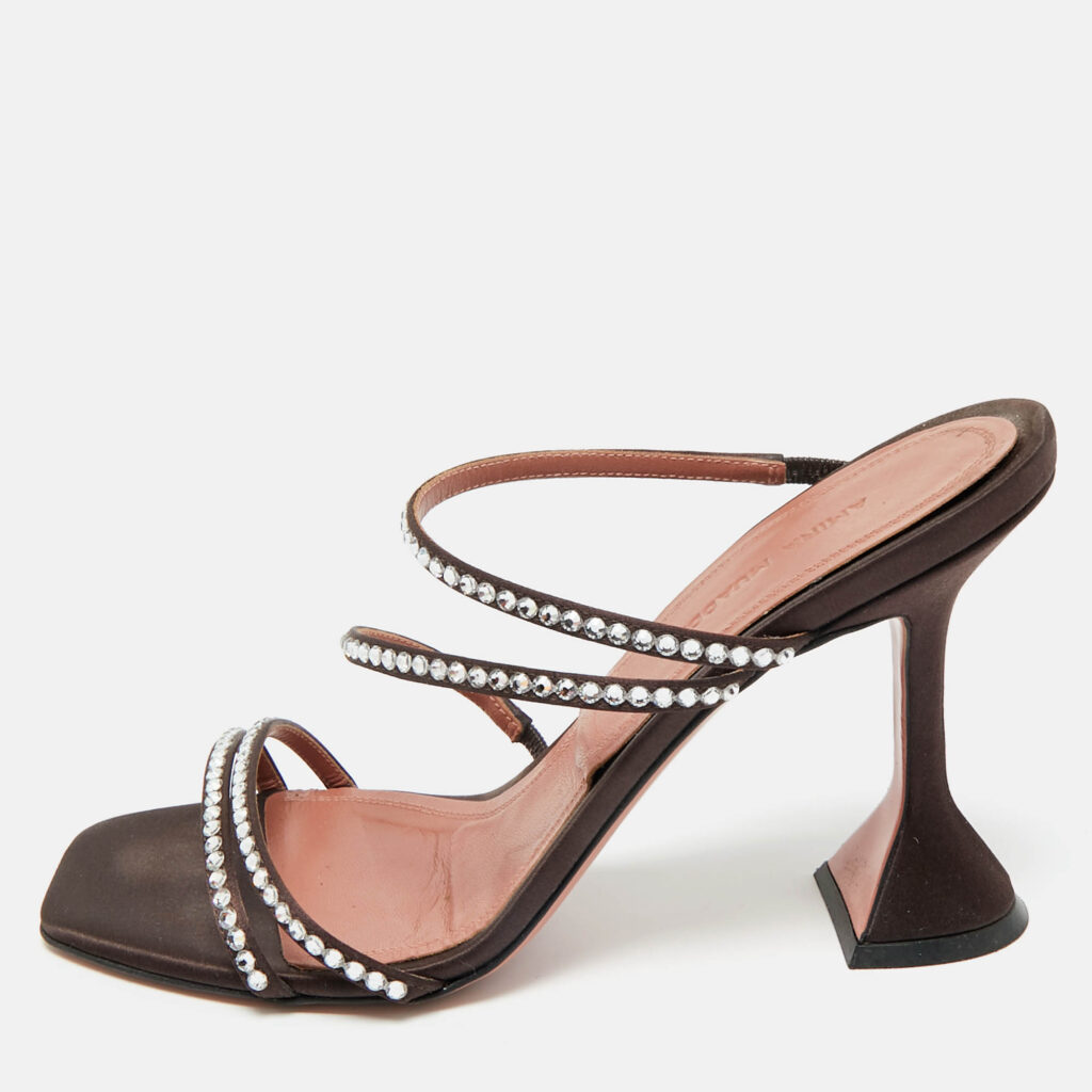 Amina Muaddi Dark Brown Satin Naima Slide Sandals Size 38 Amina Muaddi Dark Brown Satin Naima Slide Sandals Size 38