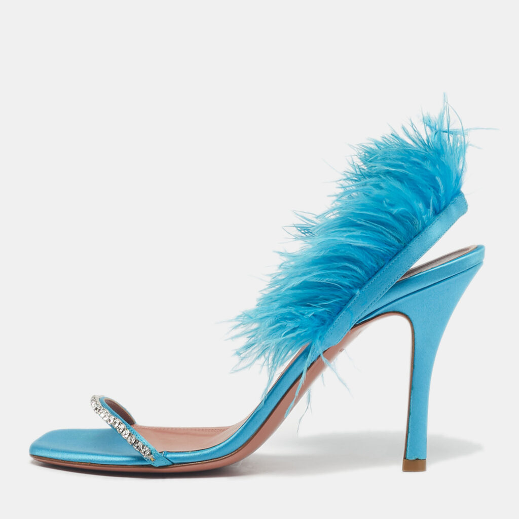 Amina Muaddi Blue Satin and Feather Adwoa Slingback Sandals Size 39 Amina Muaddi Blue Satin and Feather Adwoa Slingback Sandals Size 39