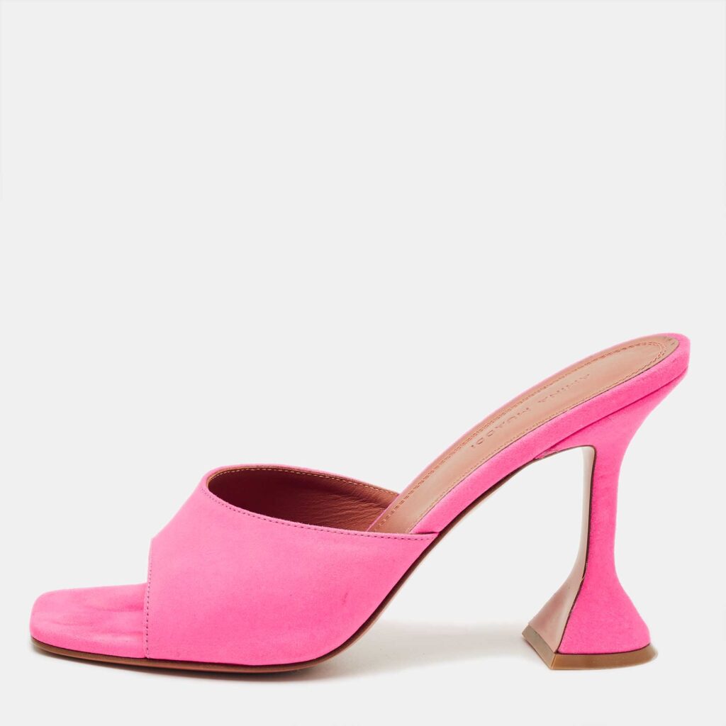 Amina Muaddi Neon Pink Suede Lupita Slide Sandals Size 38