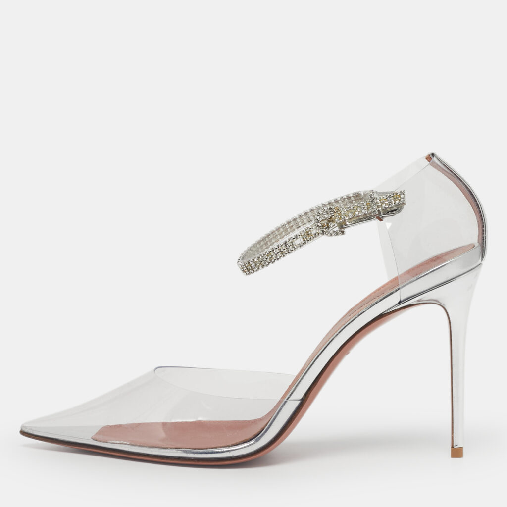 Amina Muaddi Silver Patent Leather and PVC Ursina Pumps Size 40