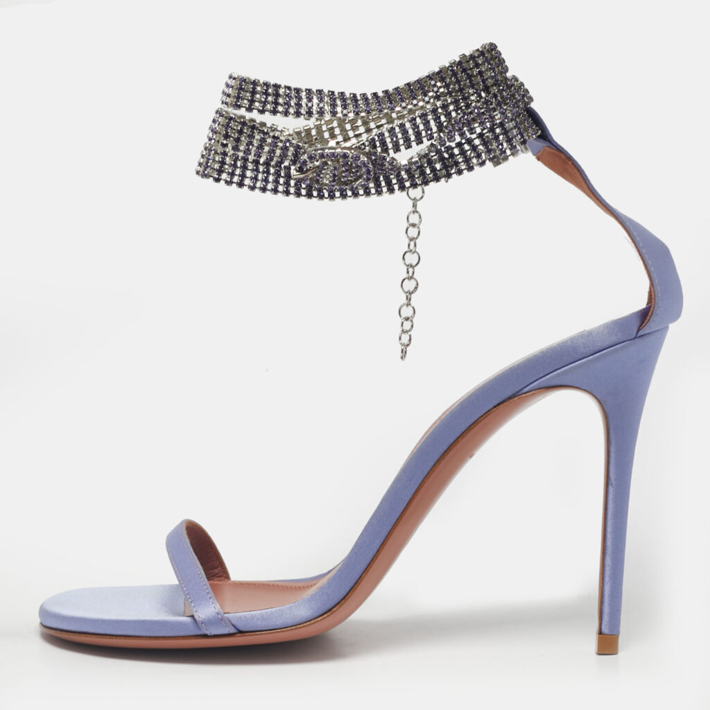 Amina Muaddi Purple Satin Crystal Embellished Giorgia Sandals Size 36.5 Amina Muaddi Purple Satin Crystal Embellished Giorgia Sandals Size 36.5