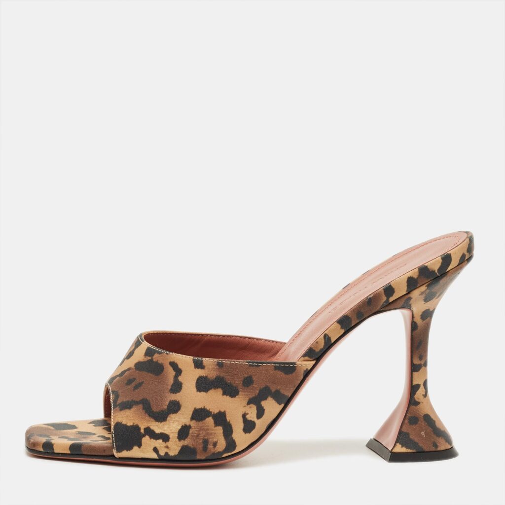 Amina Muaddi Black Leopard Print Satin lupita Slide Sandals Size 39