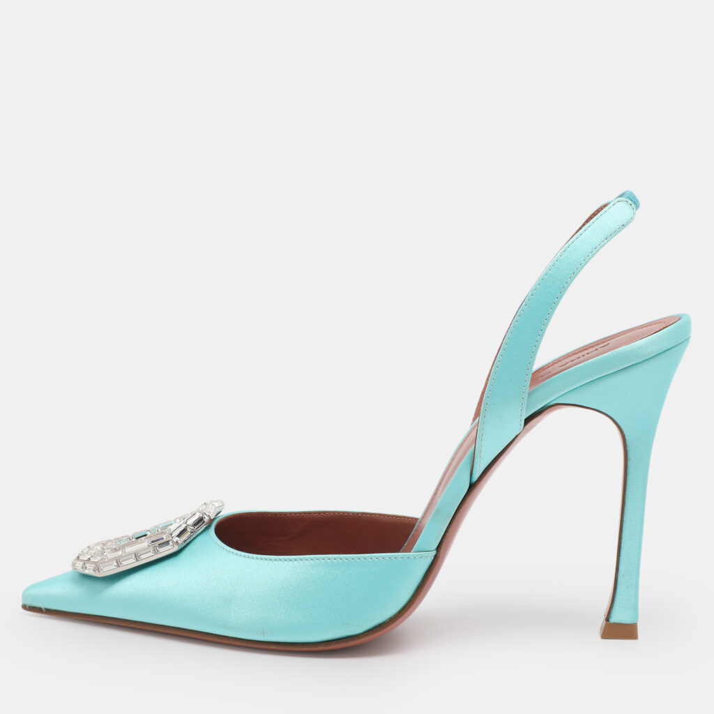Amina Muaddi Turquoise Satin Camelia Crystal Embellished Pointed Toe Slingback Pumps Size 39.5