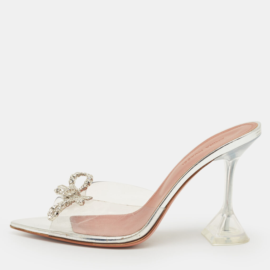 Amina Muaddi Silver Rosie Crystal Embellished PVC Pointed Toe Sandals Size 38 Amina Muaddi Silver Rosie Crystal Embellished PVC Pointed Toe Sandals Size 38