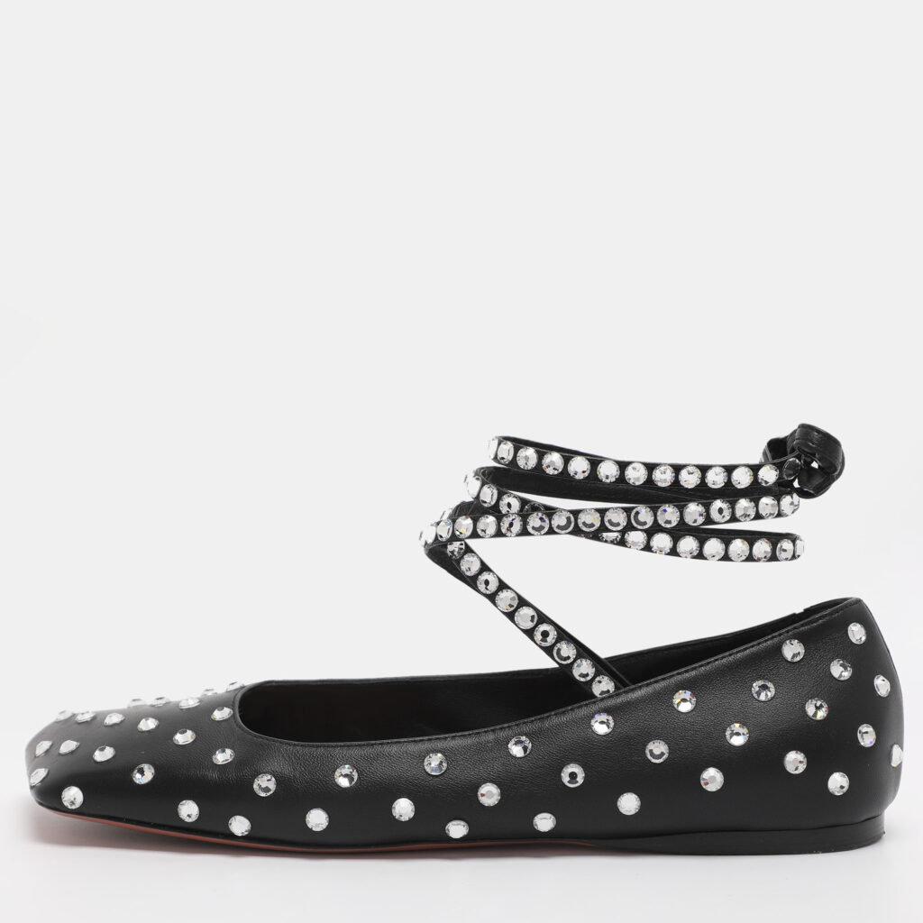 Amina Muaddi Black Leather Ane Crystal Embellished Ankle Wrap Ballet Flats Size 38 Amina Muaddi Black Leather Ane Crystal Embellished Ankle Wrap Ballet Flats Size 38
