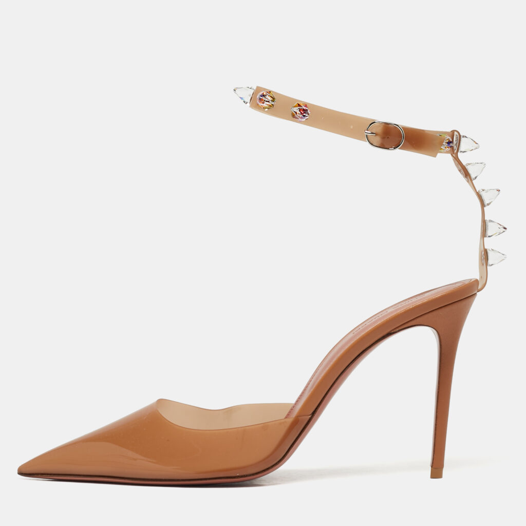 luxury-women-amina-muaddi-used-shoes-p1243073-001.jpg Amina Muaddi Brown PVC Crystal Embellished Julia Ankle Strap Pumps Size 40