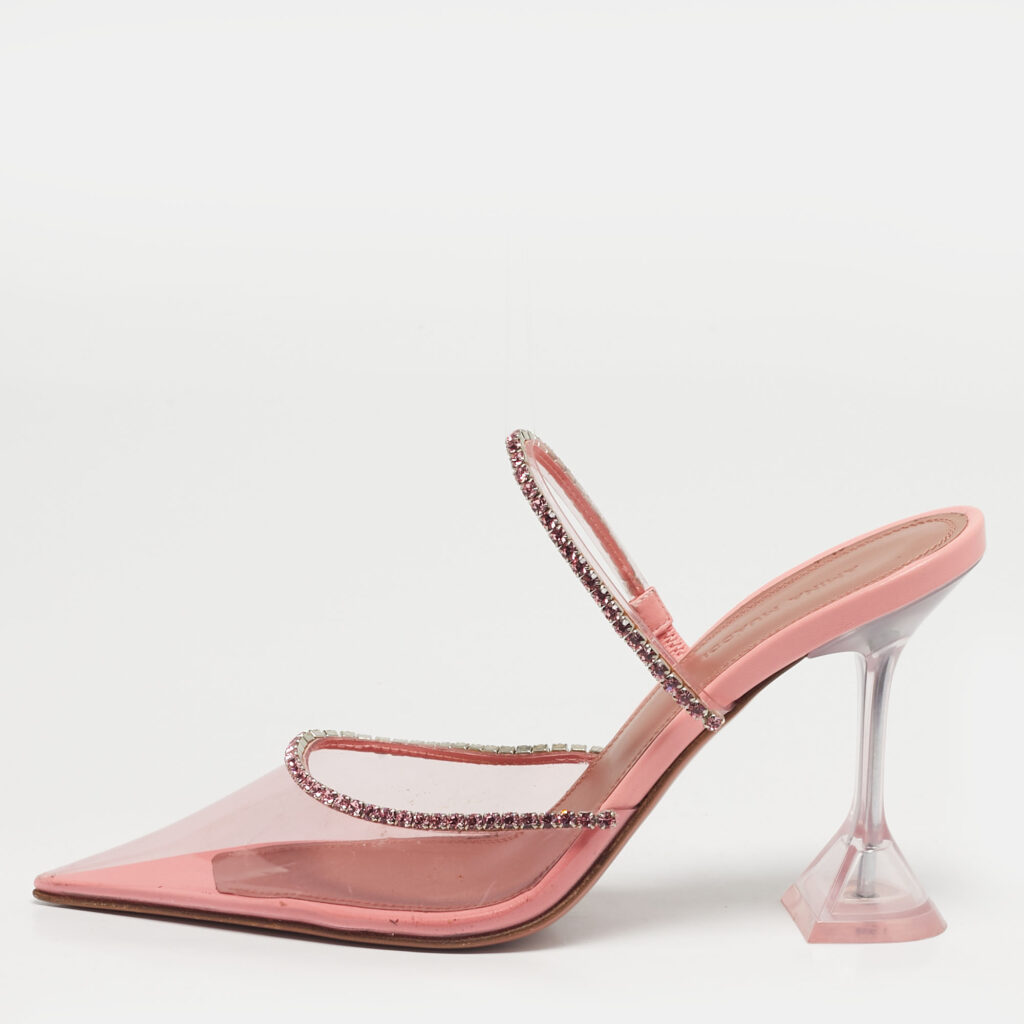 Amina Muaddi Gilda Size 38 Pink PVC Crystal Embellished Mules