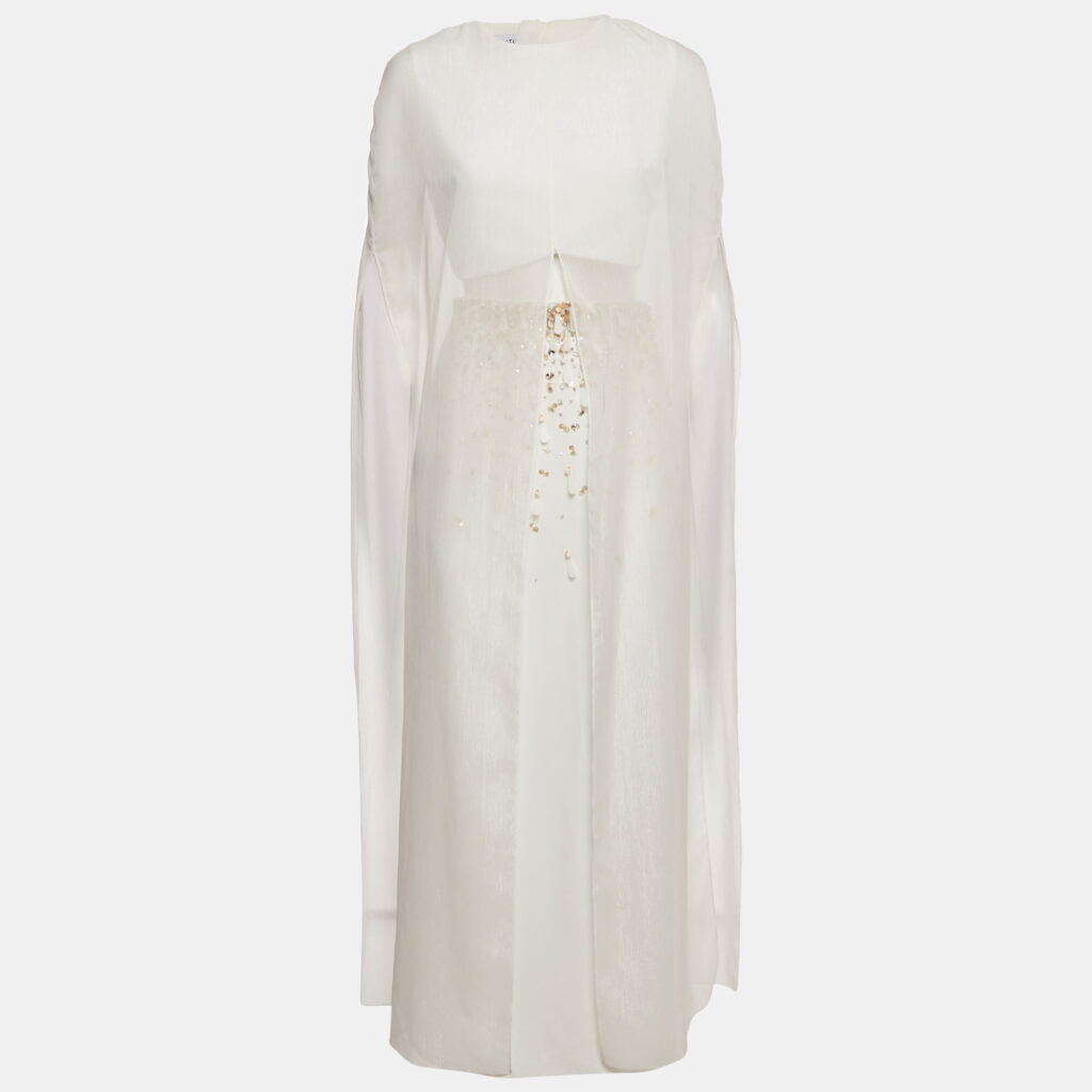 Anatomi White Crepe Embellished Long Top and Skirt Set S Anatomi White Crepe Embellished Long Top and Skirt Set S