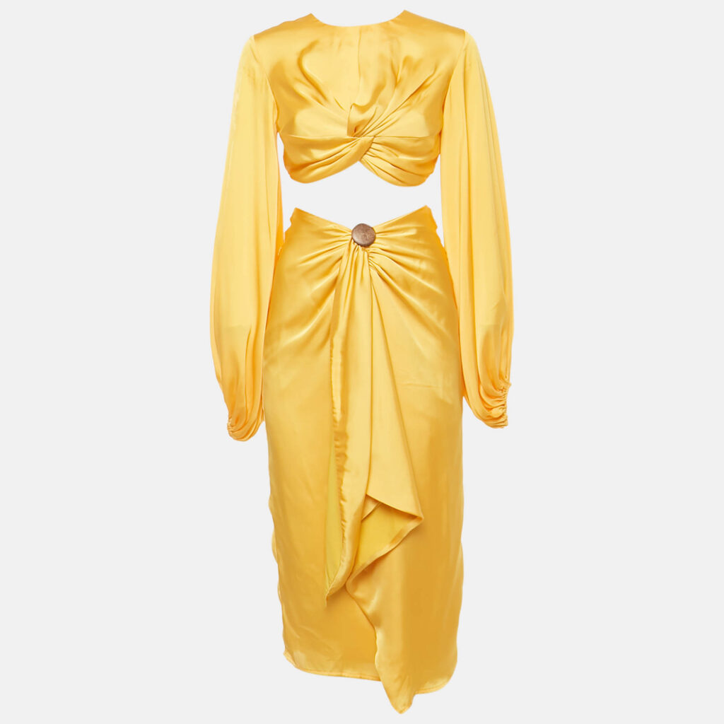 Andrea Iyamah Yellow Satin Draped Behati Crop Top and Skirt Set XS Andrea Iyamah Yellow Satin Draped Behati Crop Top and Skirt Set XS