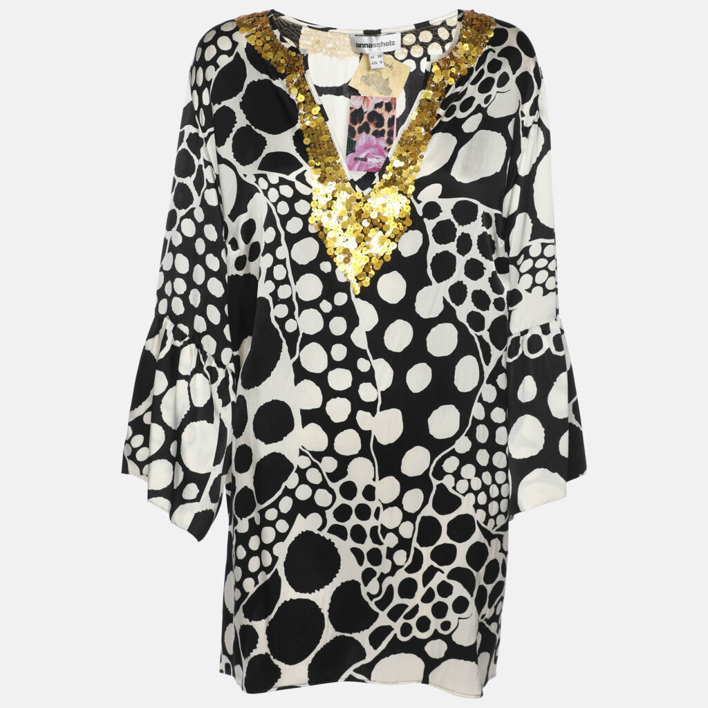Anna Scholz Black/White Printed Satin Silk Sequin Kaftan XL Anna Scholz Black/White Printed Satin Silk Sequin Kaftan XL