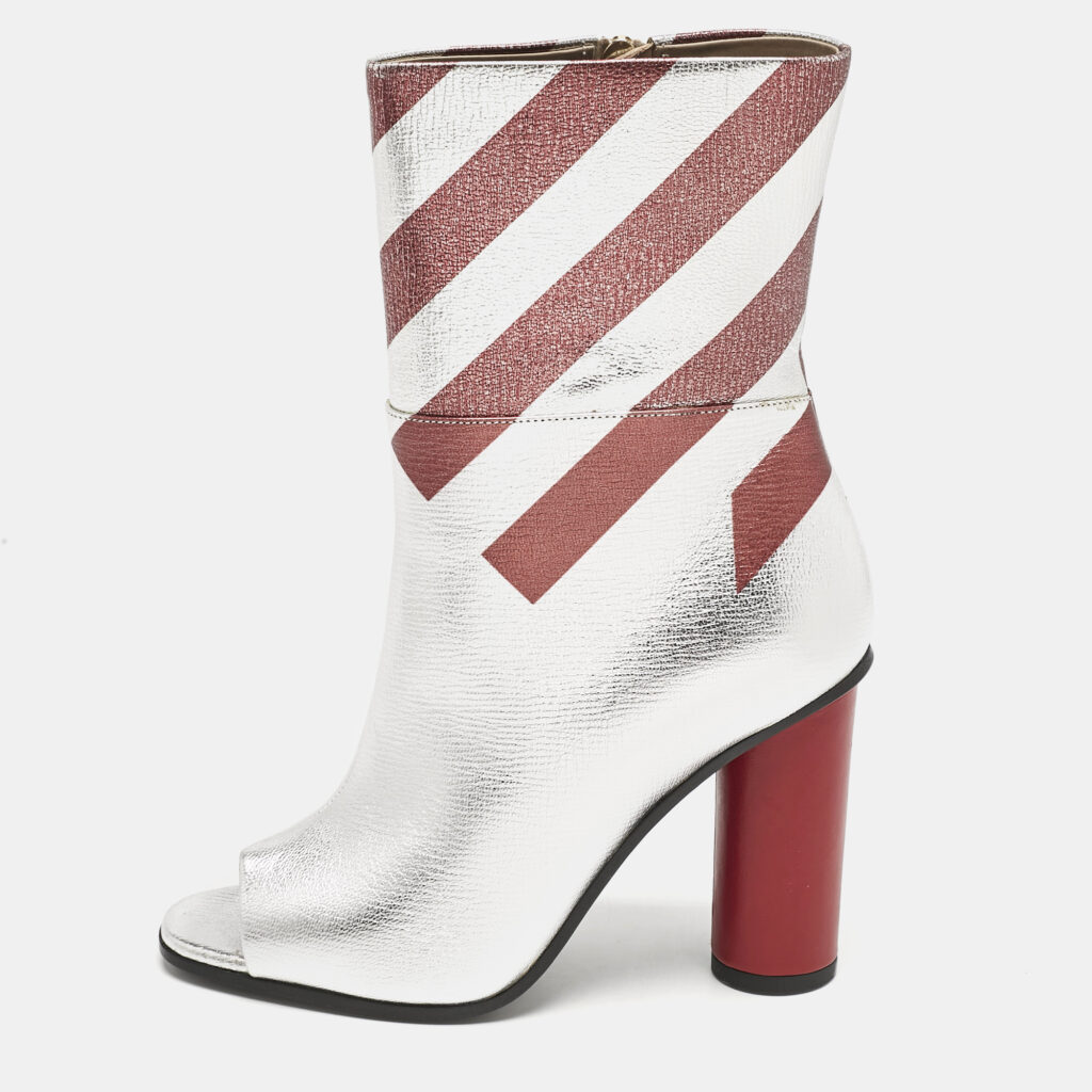 Anya Hindmarch Silver/Burgundy Stripe Leather Peep Toe Ankle Boots Size 37 Anya Hindmarch Silver/Burgundy Stripe Leather Peep Toe Ankle Boots Size 37