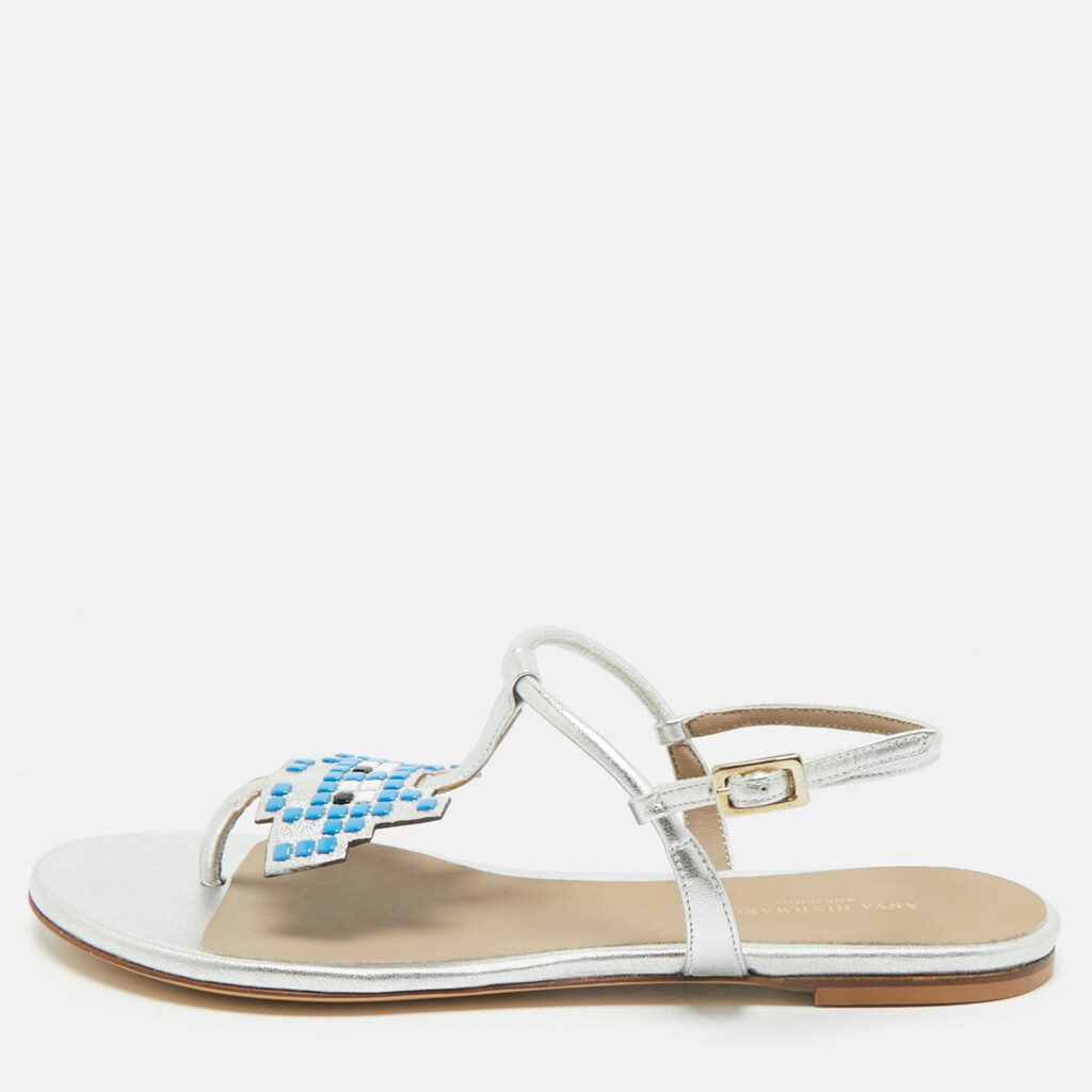 Anya Hindmarch Silver Leather Ankle Strap Flat Sandals Size 36