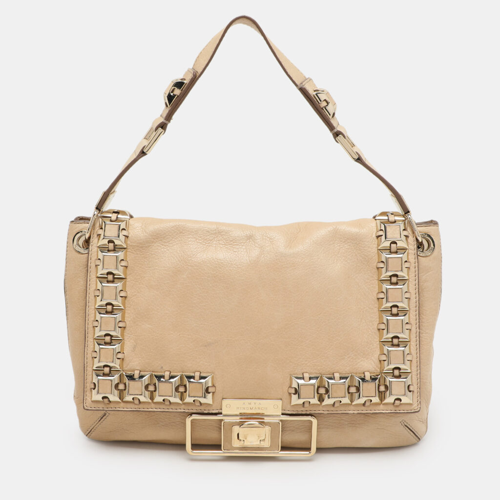 Anya Hindmarch Beige Leather Studded Flap Top Handle Bag Anya Hindmarch Beige Leather Studded Flap Top Handle Bag