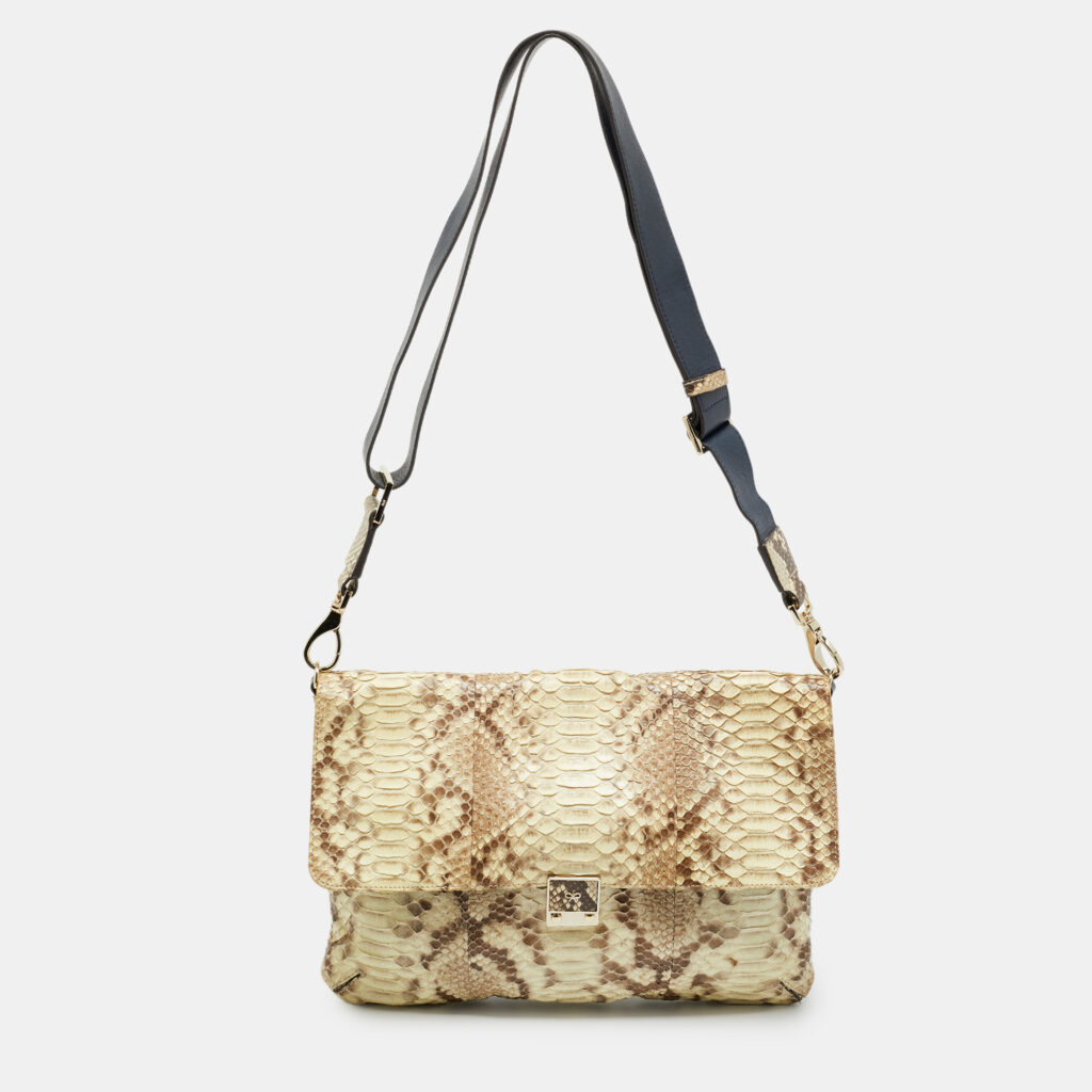Anya Hindmarch Logo Flap Cream/Navy Blue Python and Leather Shoulder Bag Anya Hindmarch Logo Flap Cream/Navy Blue Python and Leather Shoulder Bag