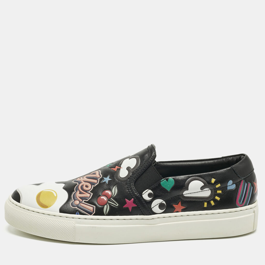 Anya Hindmarch Black Leather All Over Wink Sticker Slip On Sneakers Size 37