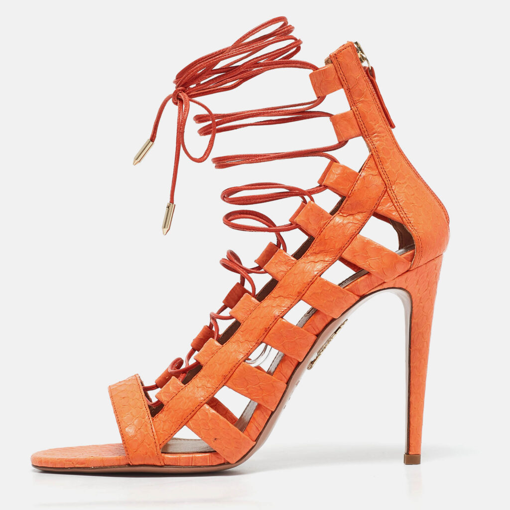 Aquazzura Orange Snakeskin Amazon Gladiator Sandals Size 40.5