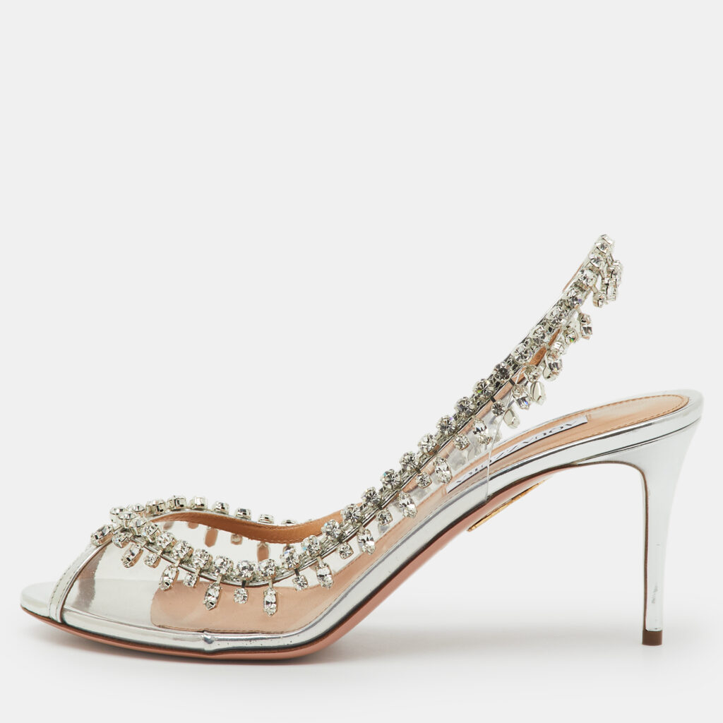 Aquazzura Transparent/Silver PVC and Leather Temptation Crystal Slingback Pumps Size 40 Aquazzura Transparent/Silver PVC and Leather Temptation Crystal Slingback Pumps Size 40