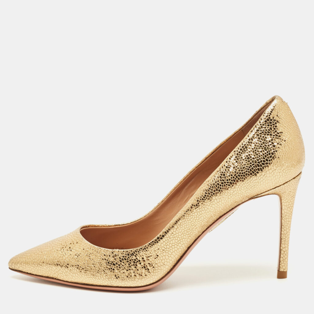 Aquazzura Gold Textured Leather Purist Pumps Size 35