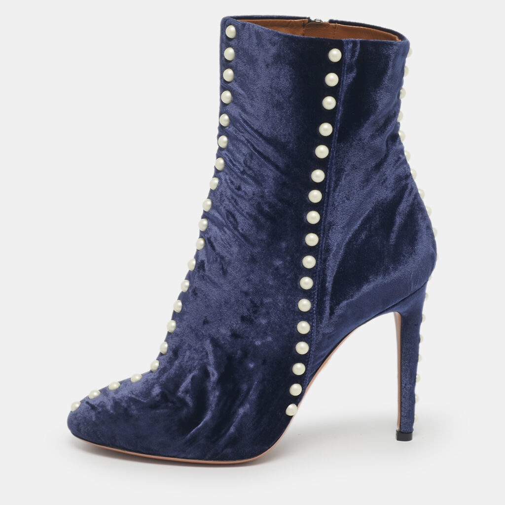 Aquazzura Navy Blue Velvet Follie Pearls Ankle Boots Size 39.5