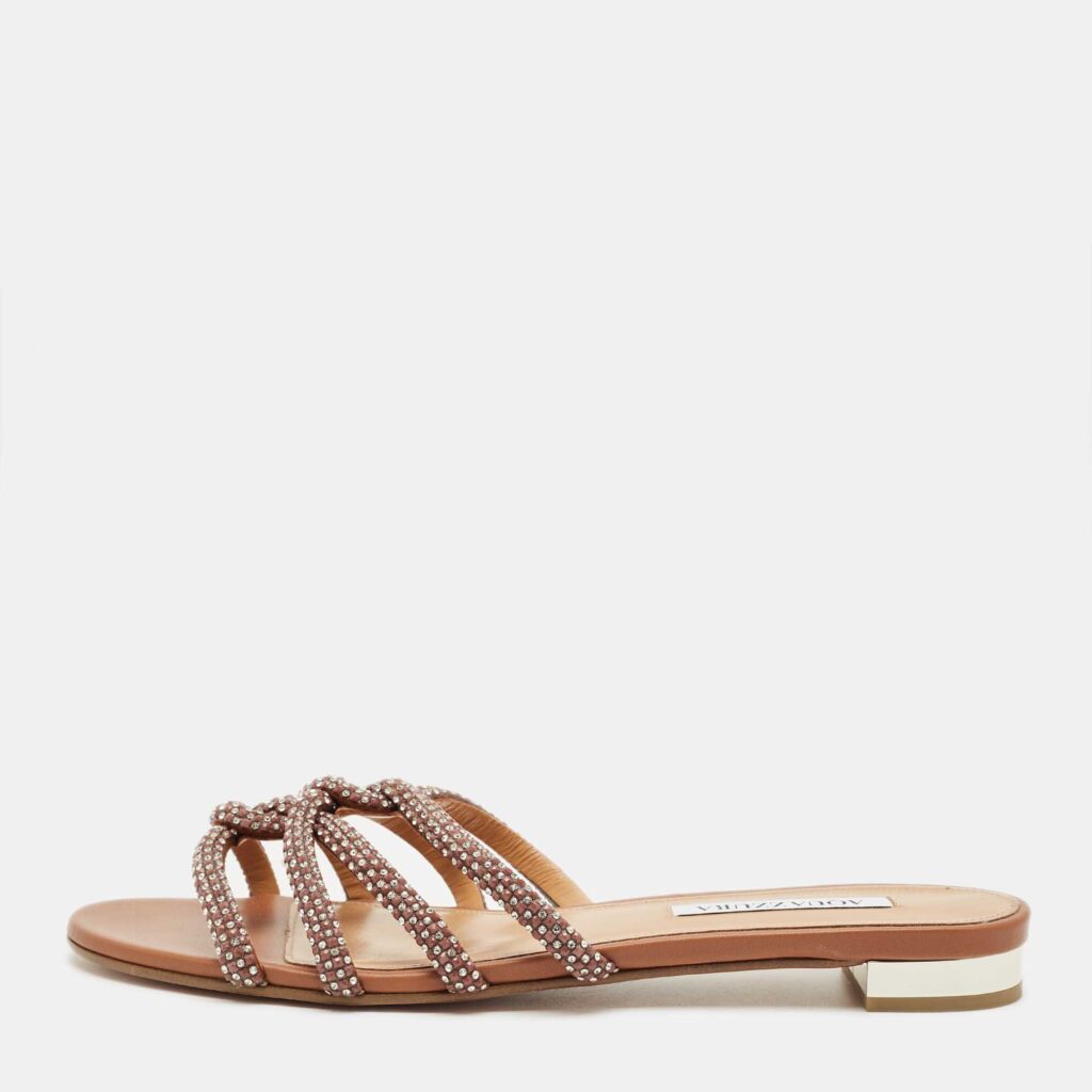 Aquazzura Brown Leather Crystal Embellish Flat Slide Size 41 Aquazzura Brown Leather Crystal Embellish Flat Slide Size 41