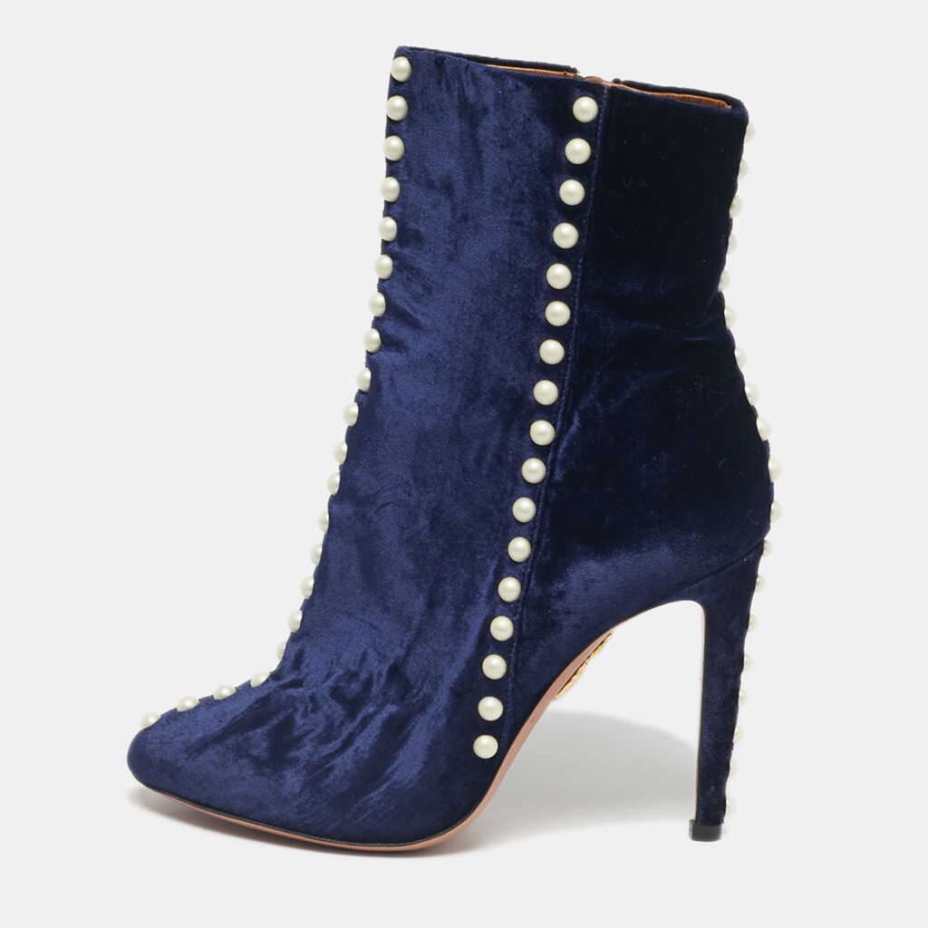 Aquazzura Navy Blue Velvet Follie Pearls Ankle Boots Size 36.5 Aquazzura Navy Blue Velvet Follie Pearls Ankle Boots Size 36.5