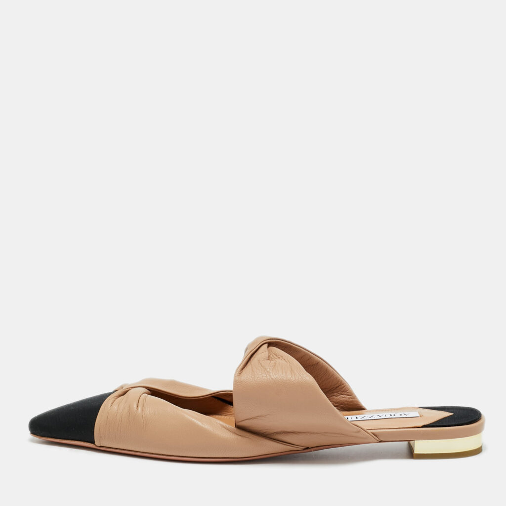 Aquazzura Beige/Black Leather and Fabric Twist Cap Toe Mules Size 38 Aquazzura Beige/Black Leather and Fabric Twist Cap Toe Mules Size 38