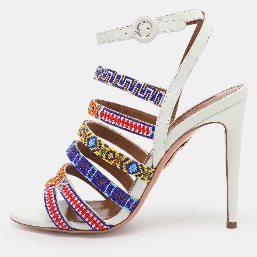 Aquazzura White Beads and Leather Strappy Ankle Strap Sandals Size 38.5 Aquazzura White Beads and Leather Strappy Ankle Strap Sandals Size 38.5