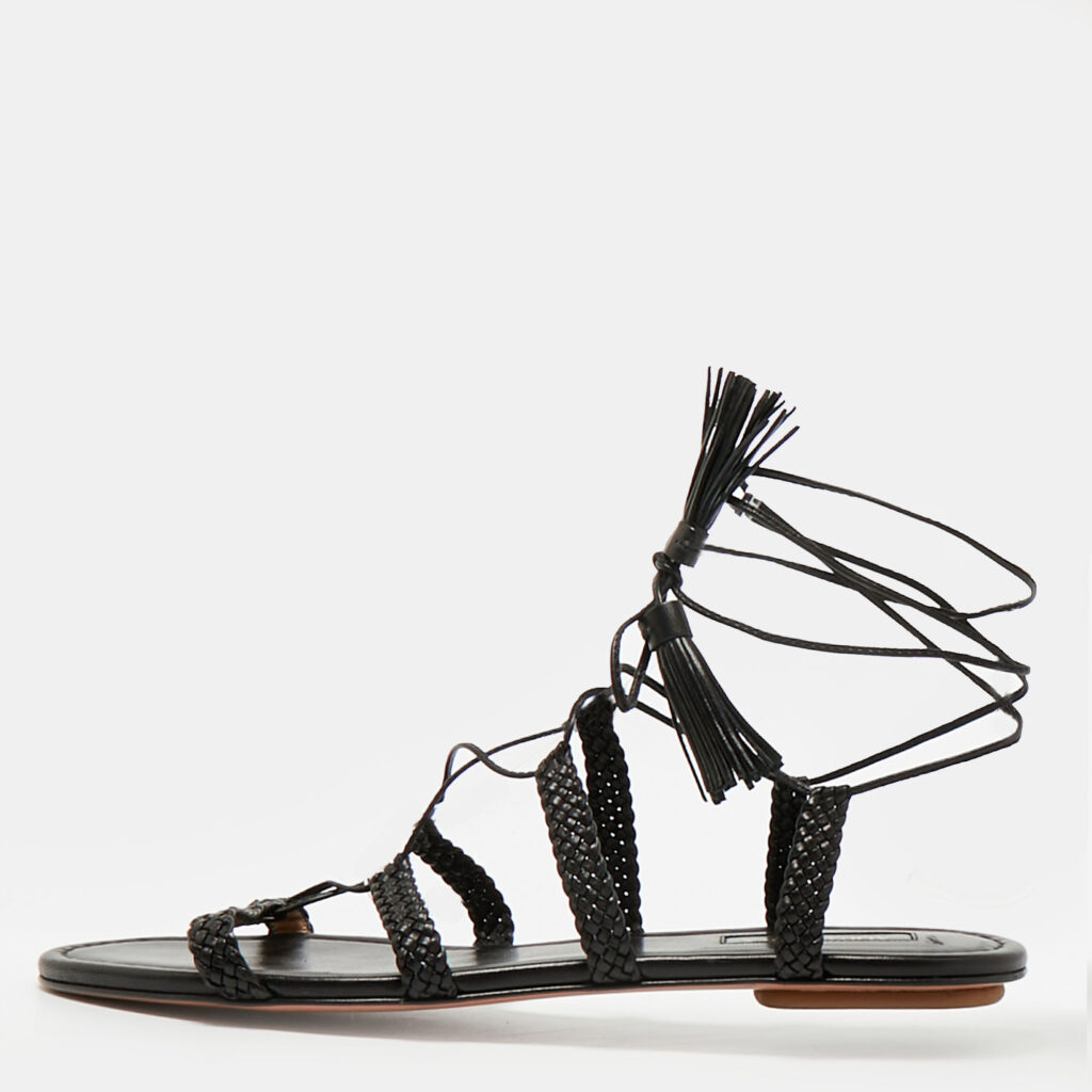 Aquazzura Black Braided Leather Stromboli Gladiator Flat Sandals Size 38.5