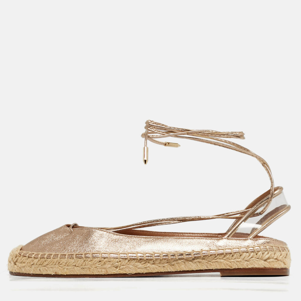 Aquazzura Gold Leather and PVC Ankle Wrap Espadrille Flat Size 35.5