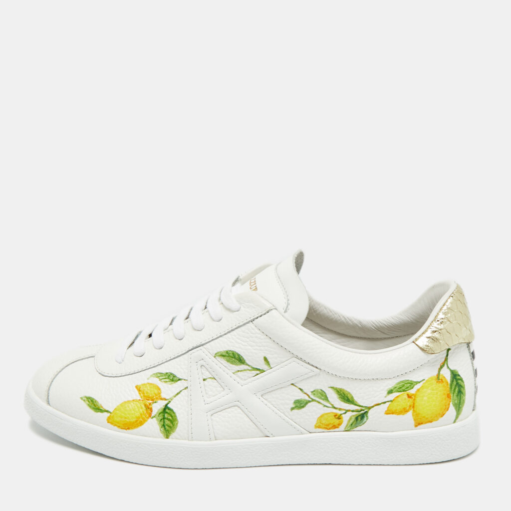 luxury-women-aquazzura-new-shoes-p1246634-001.jpg Aquazzura White/Gold Leather and Snakeskin Embossed A Lemon-print Lace Up Sneakers Size 36.5