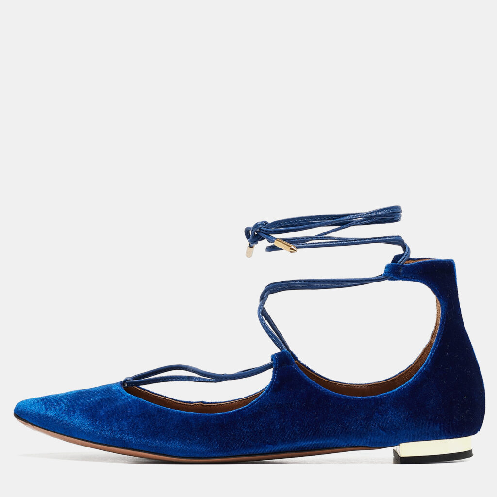 Aquazzura Blue Velvet Christy Ankle Tie Ballet Flats Size 38.5 Aquazzura Blue Velvet Christy Ankle Tie Ballet Flats Size 38.5