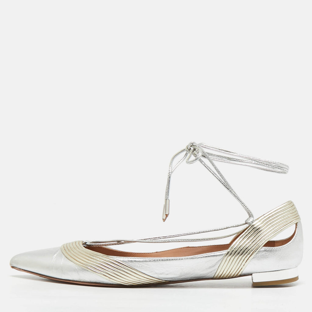Aquazzura Silver/Gold Leather Ankle Wrap Ballet Flats Size 38.5 Aquazzura Silver/Gold Leather Ankle Wrap Ballet Flats Size 38.5