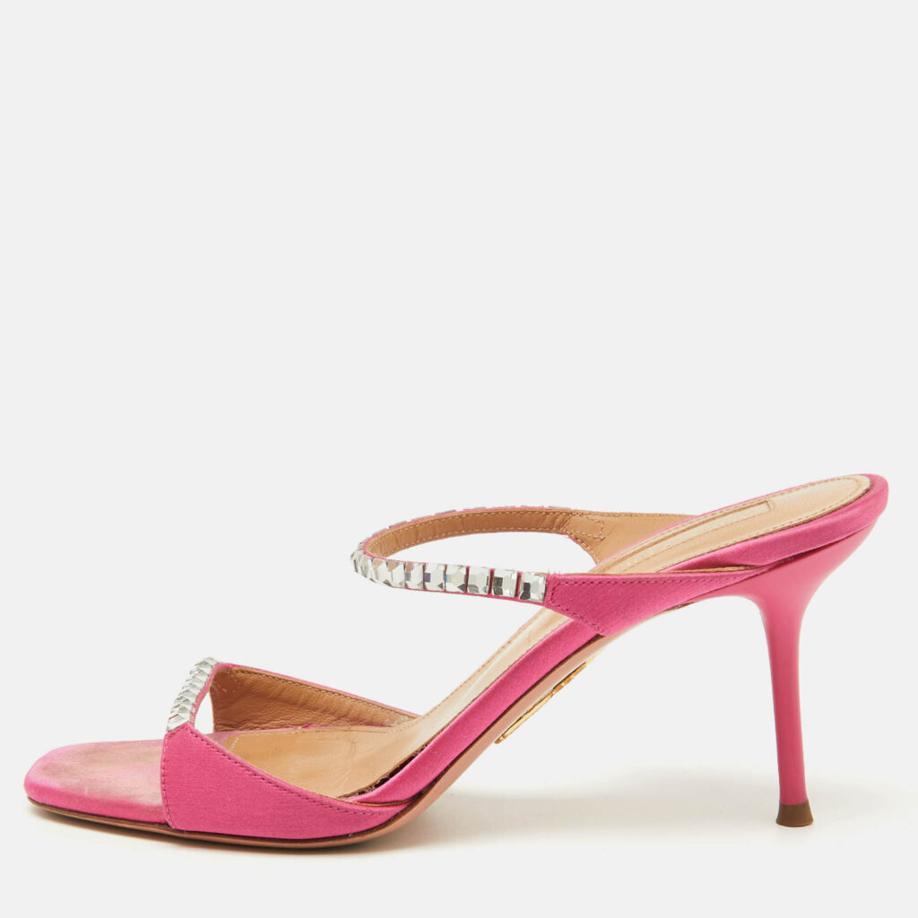Aquazzura Pink Satin Crystal Embellished Diamante Slide Sandals Size 35
