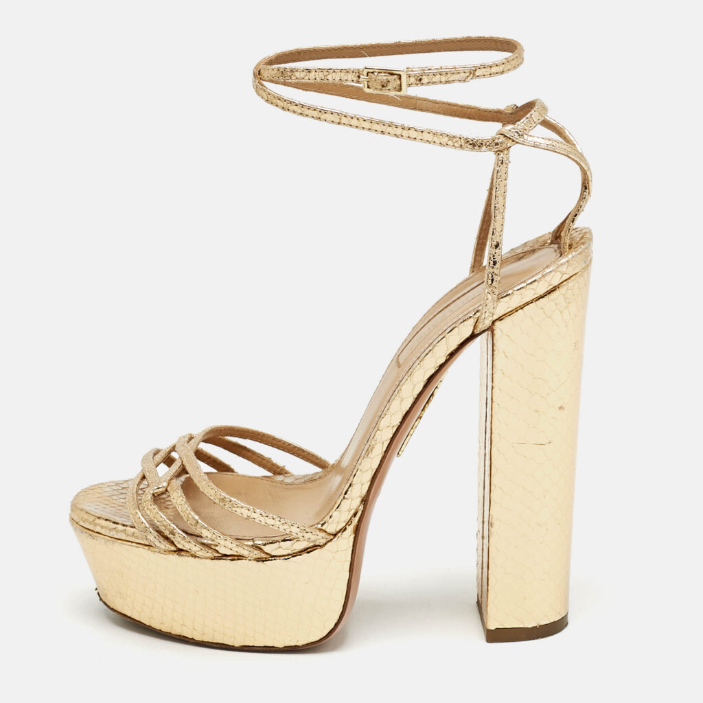 Aquazzura Gold Python Effect Leather Platform Ankle Strap Sandals Size 36 Aquazzura Gold Python Effect Leather Platform Ankle Strap Sandals Size 36