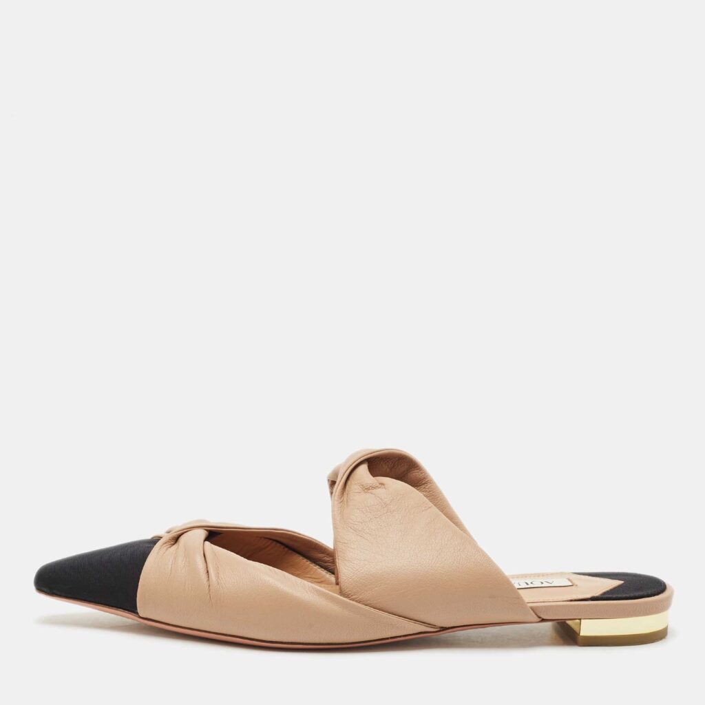 Aquazzura Beige/Black Leather and Fabric Twist Cap Toe Mules Size 35