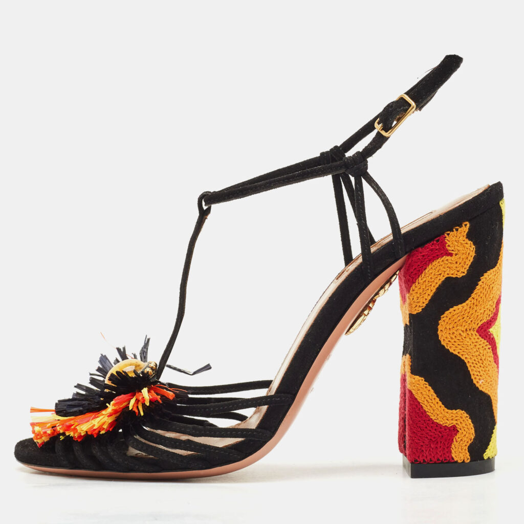 Aquazzura Multicolor Suede And Raffia Samba Ankle Strap Sandals Size 35
