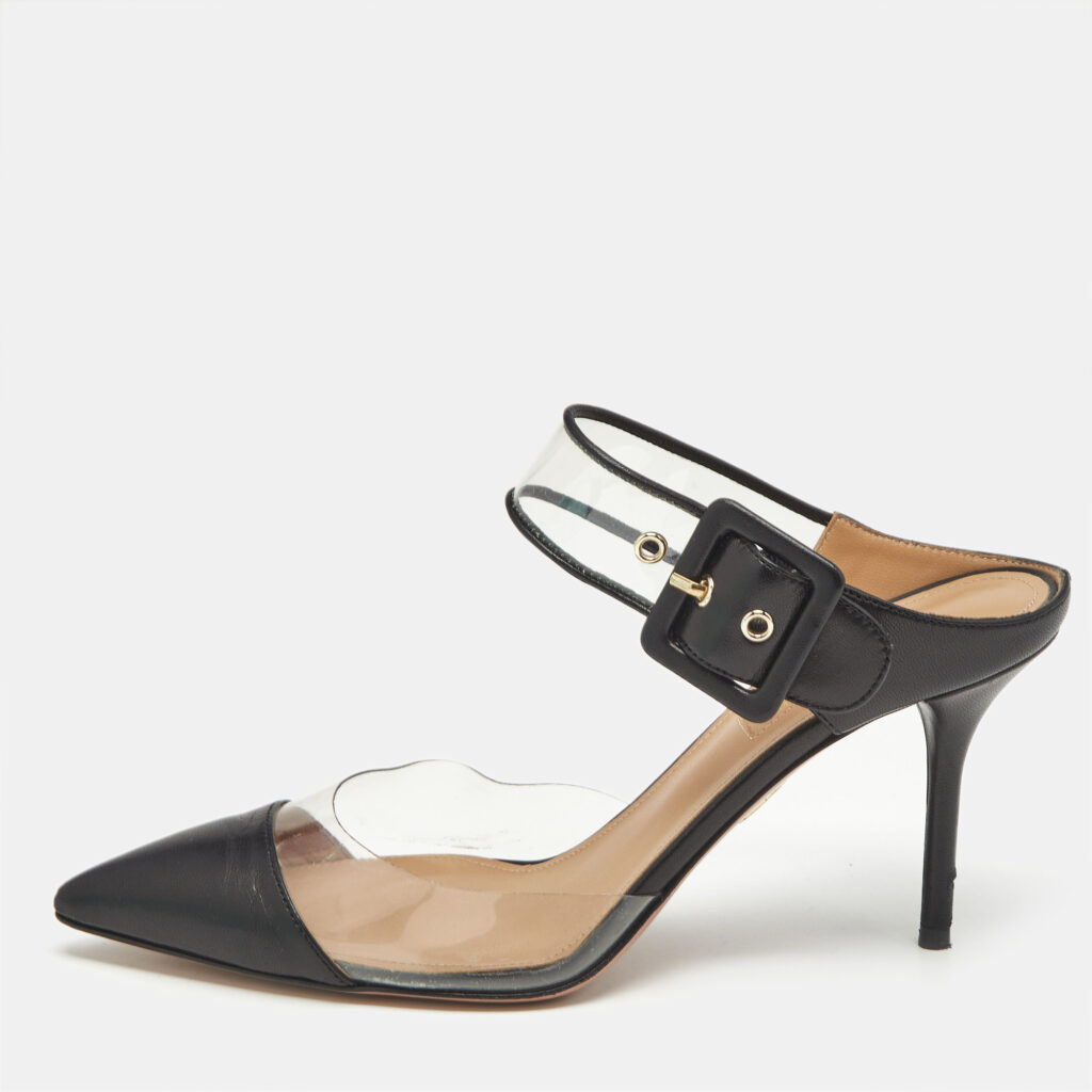 Aquazzura Black PVC And Leather Optic Buckle Sandals Size 36.5