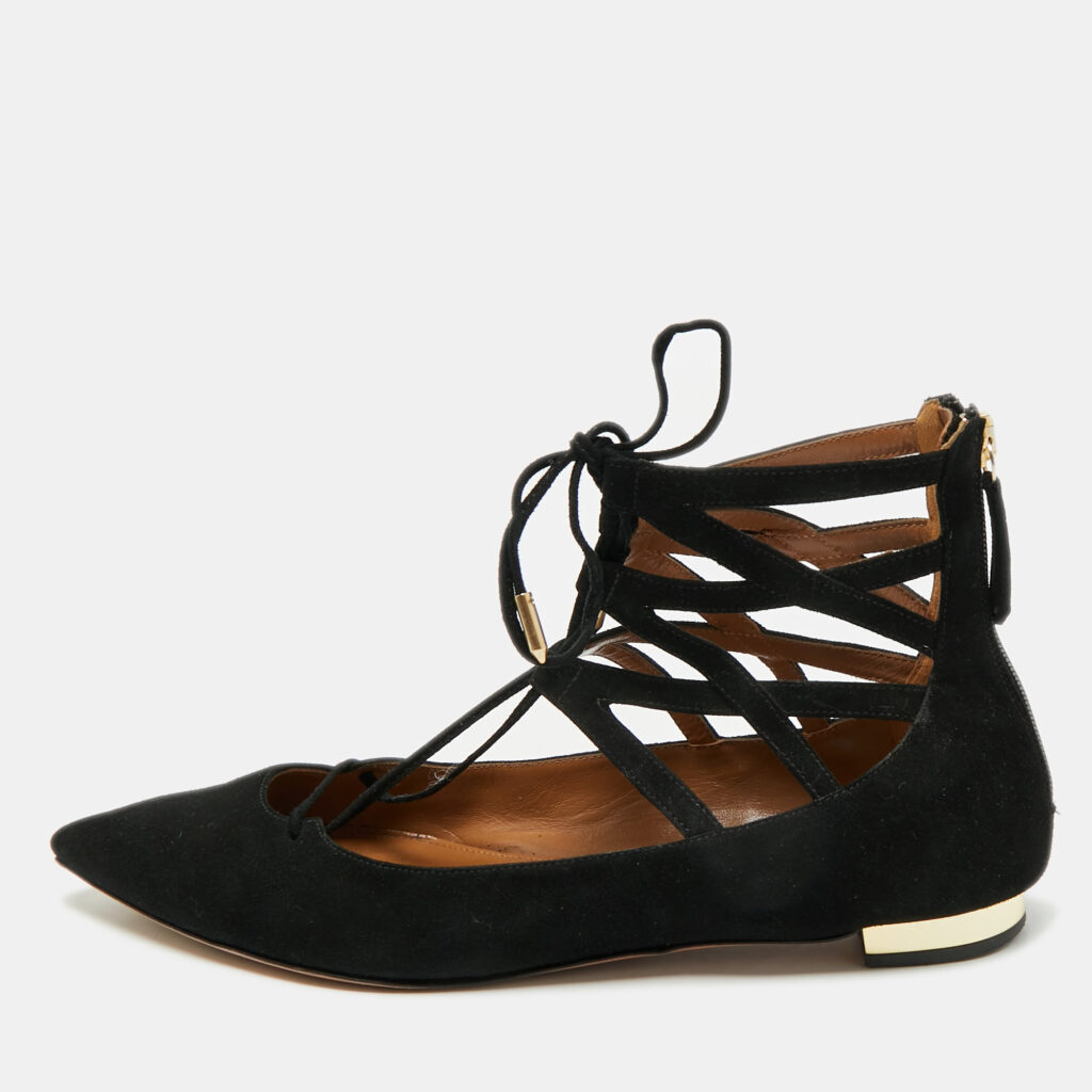 Aquazzura Black Suede Dancer Lace-Up Ballet Flats Size 38 Aquazzura Black Suede Dancer Lace-Up Ballet Flats Size 38