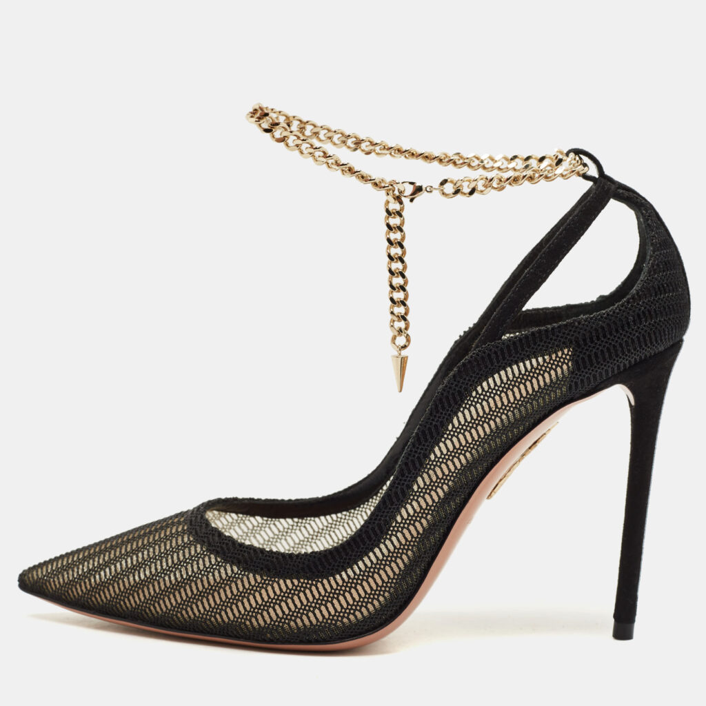 Aquazzura Black Mesh And Suede Bond Street Ankle Chain Pointed Toe Pumps Size 38 Aquazzura Black Mesh And Suede Bond Street Ankle Chain Pointed Toe Pumps Size 38