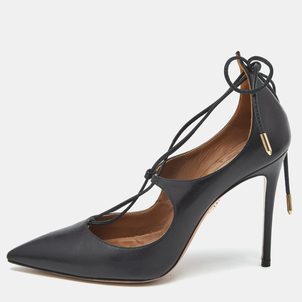 Aquazzura Black Leather Christy Pointed Toe Ankle Wrap Pumps Size 37.5