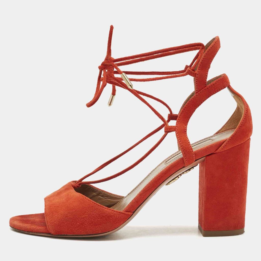 Aquazzura Orange Suede Ankle Strap Block Heel Sandals Size 37.5