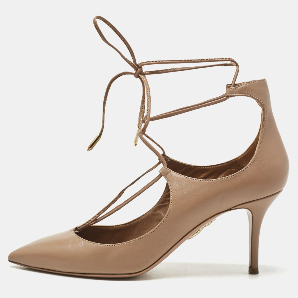 Aquazzura Beige Leather Christy Lace Ankle Wrap Pumps Size 37.5 Aquazzura Beige Leather Christy Lace Ankle Wrap Pumps Size 37.5